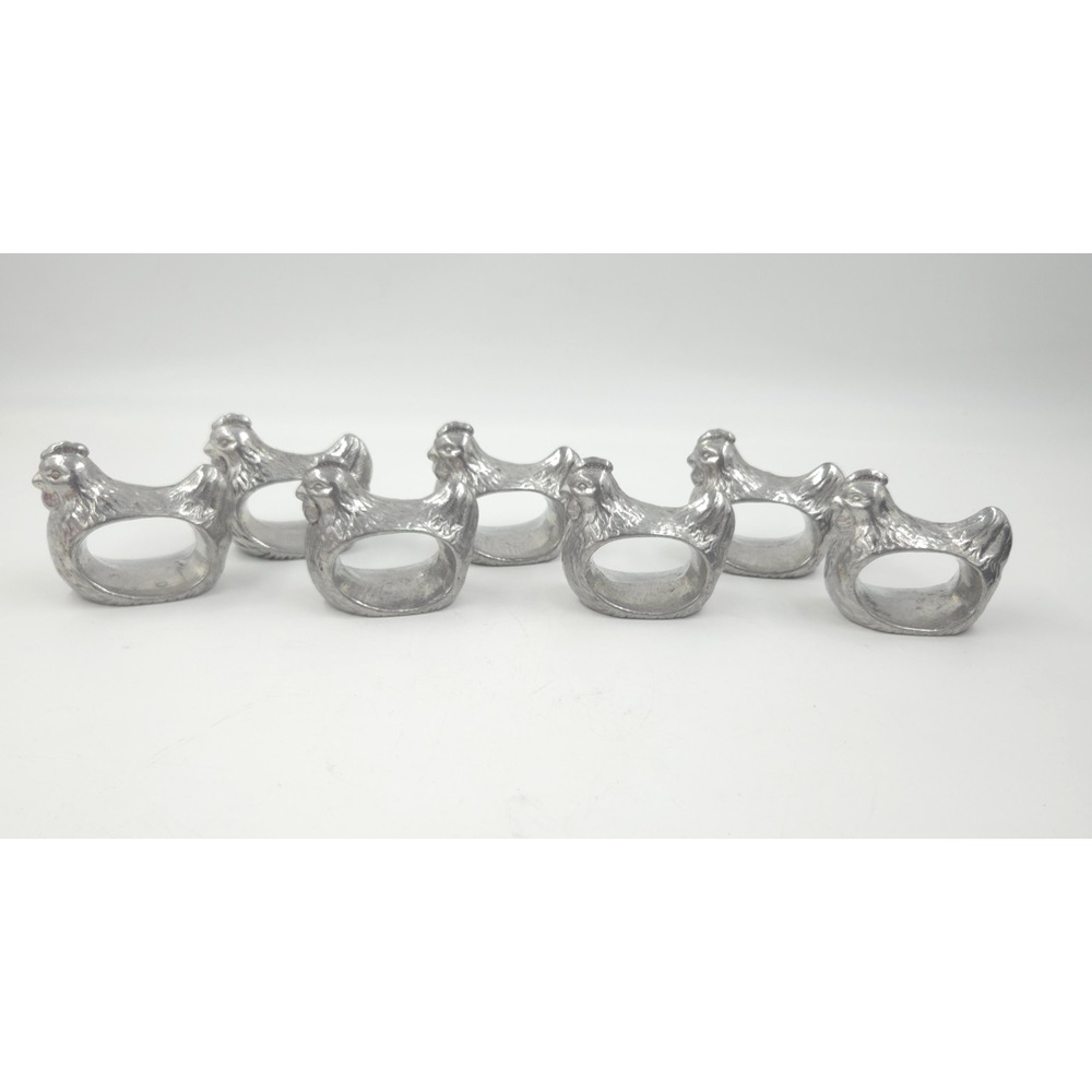 Vintage Napkin Rings Farmhouse Chicken Hen Rooster Handcrafted Pewter Set 7